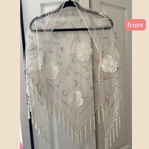 Sheer Wrap Shawl Handmade Embroidered Floral Fringe